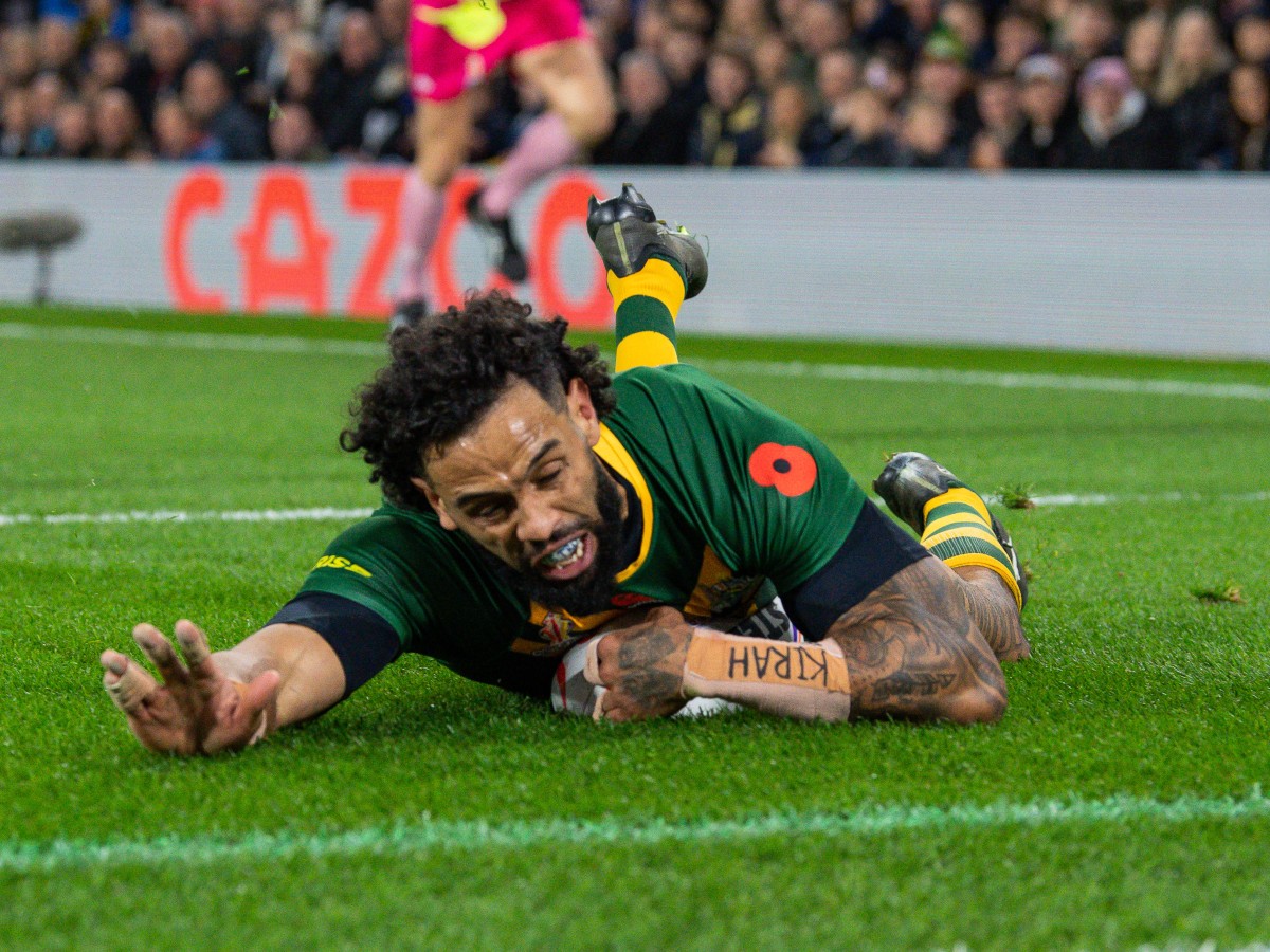 Josh Addo-Carr scores, Australia v New Zealand. News Images