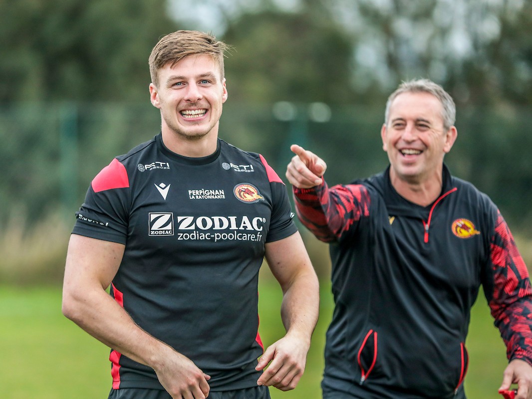 Catalans coach Steve McNamara and Tom Davies