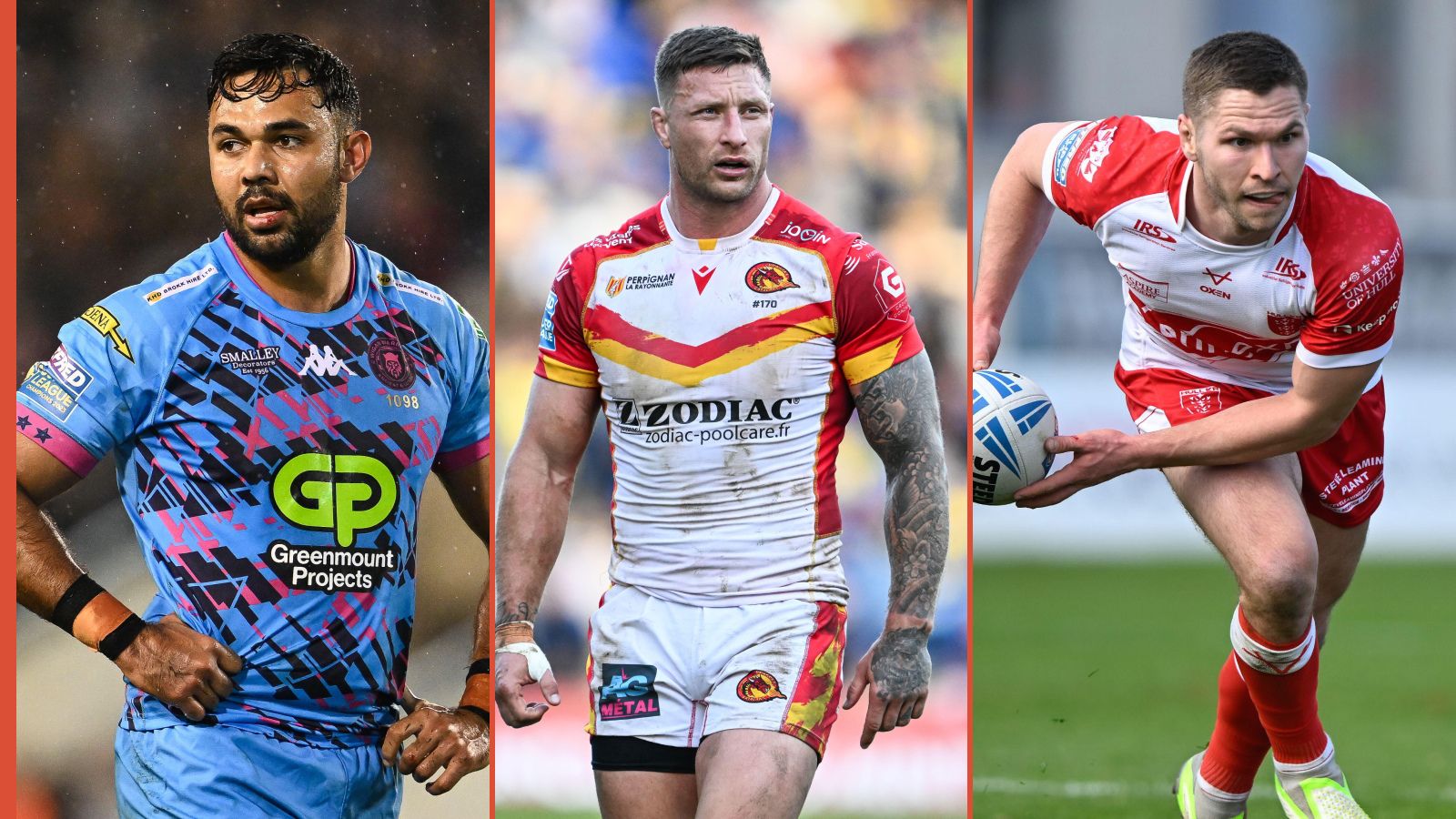 Bevan French Wigan Warriors, Tariq Sims Catalans Dragons, Matt Parcell Hull KR Alamy