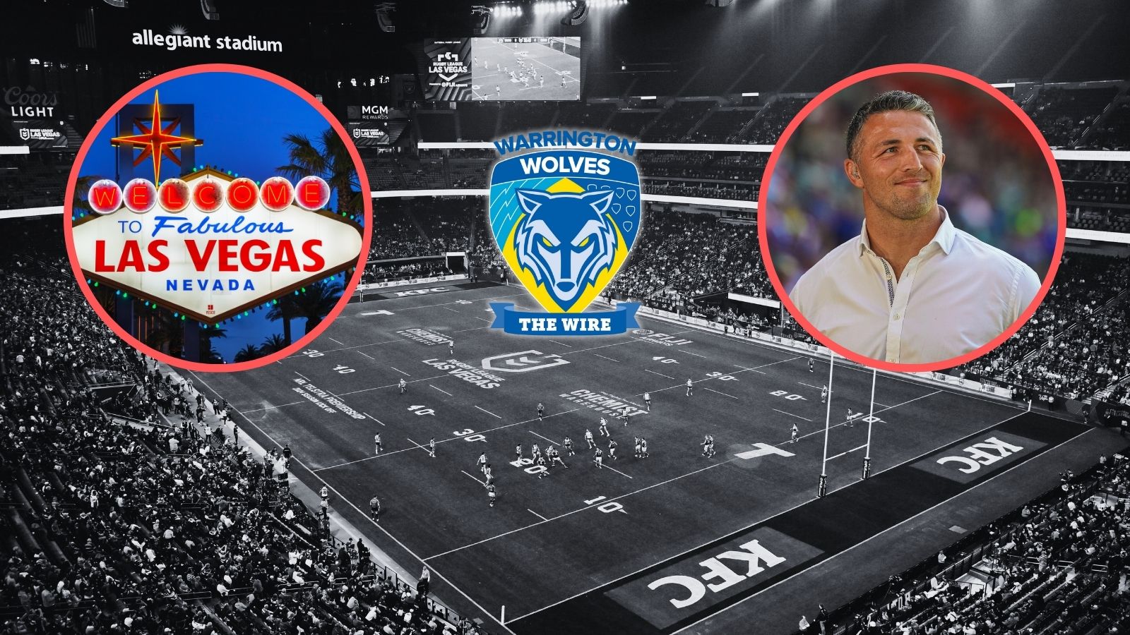 Las Vegas sign, Warrington Wolves badge, Sam Burgess, Allegiant Stadium during NRL games in 2024