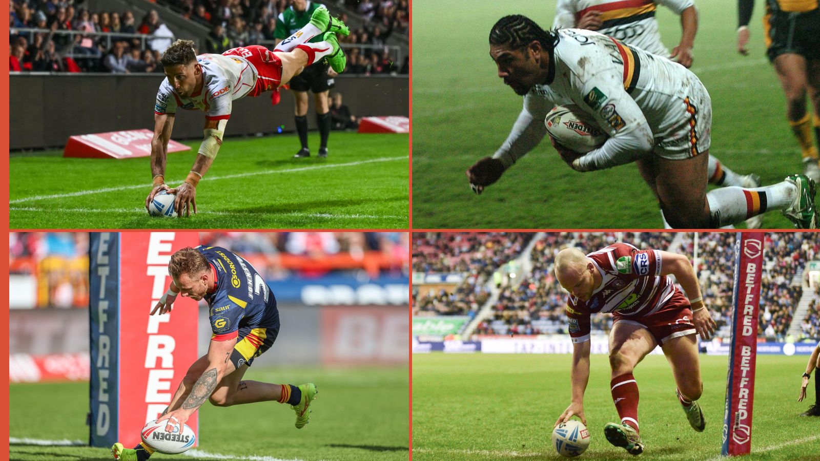 Tommy Makinson, Lesley Vainikolo, Tom Johnstone, Liam Marshall Super League Alamy