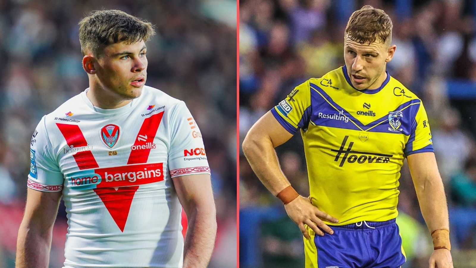 A split-screen of Jack Welsby (St Helens) and George Williams (Warrington Wolves) in action in 2025