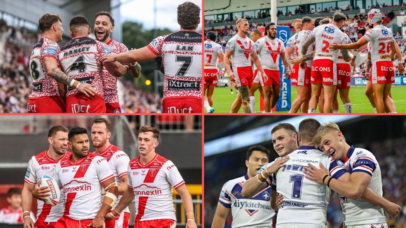 Clockwise from top left: Leigh Leopards, St Helens, Wakefield Trinity and Hull KR celebrate tries in 2025