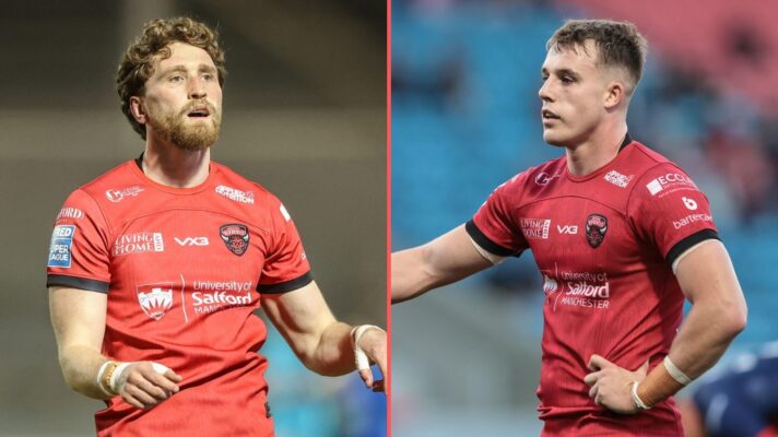 A split screen of Ethan Ryan and Matty Foster in action for Salford Red Devils in 2025