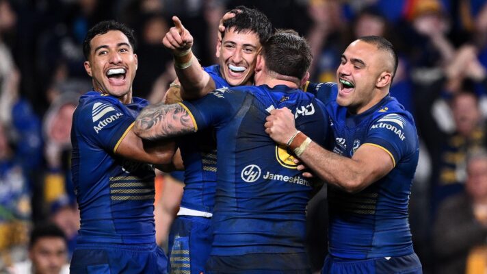 Parramatta Eels celebrate a try in a win over Sydney Roosters in 2025