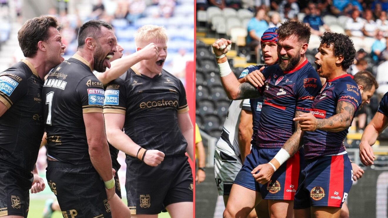 A split screen of Hull FC and St Helens celebrating tries away from home in 2025