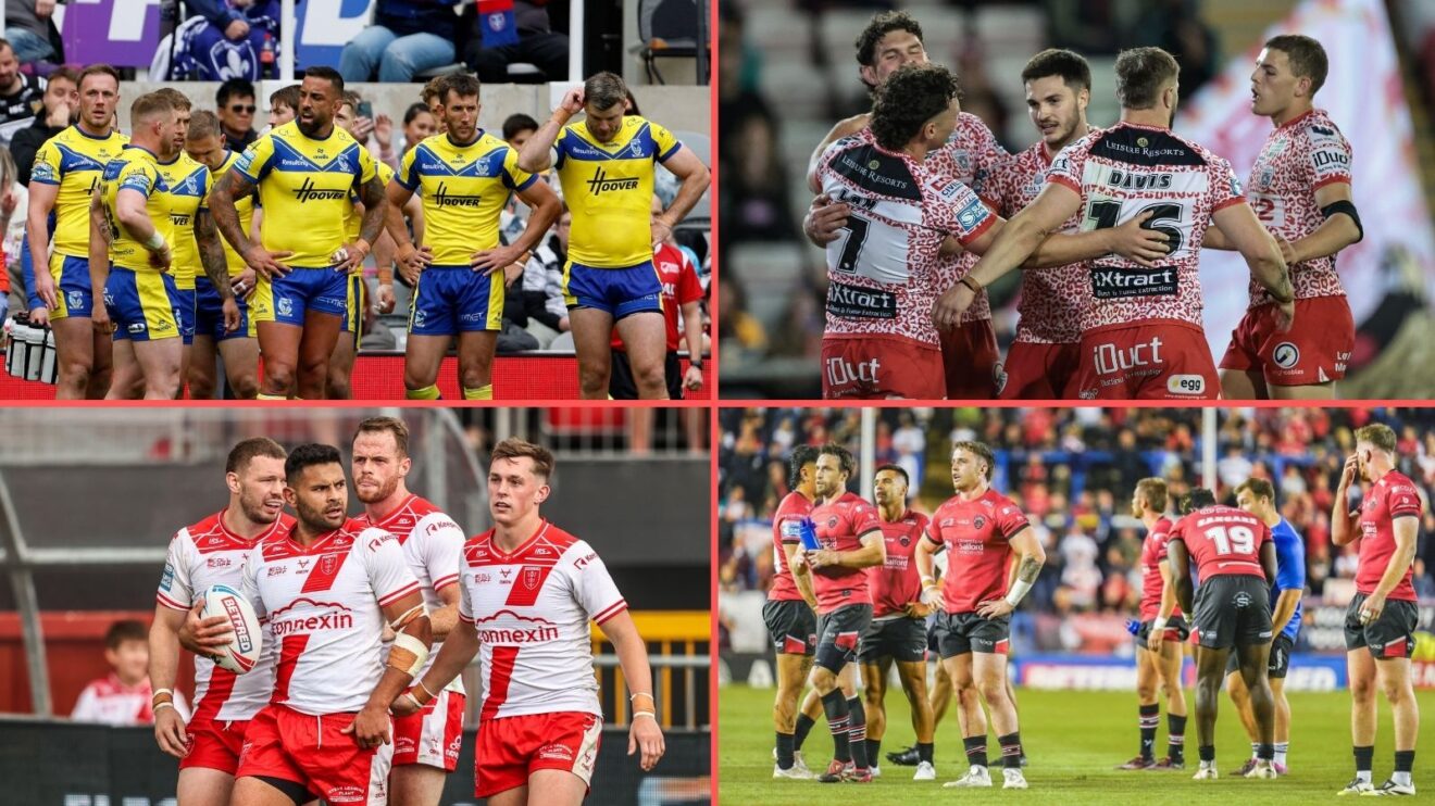 A four-window panel graphic of Warrington Wolves, Leigh Leopards, Hull KR and Salford Red Devils players pictured during games in 2025