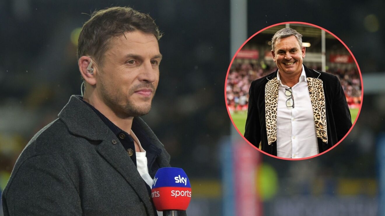 Jon Wilkin working for Sky Sports with Leigh Leopards owner Derek Beaumont pictured in a circle