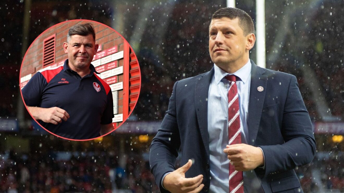 St Helens head coach Paul Wellens in a circle and Wigan Warriors boss Matt Peet