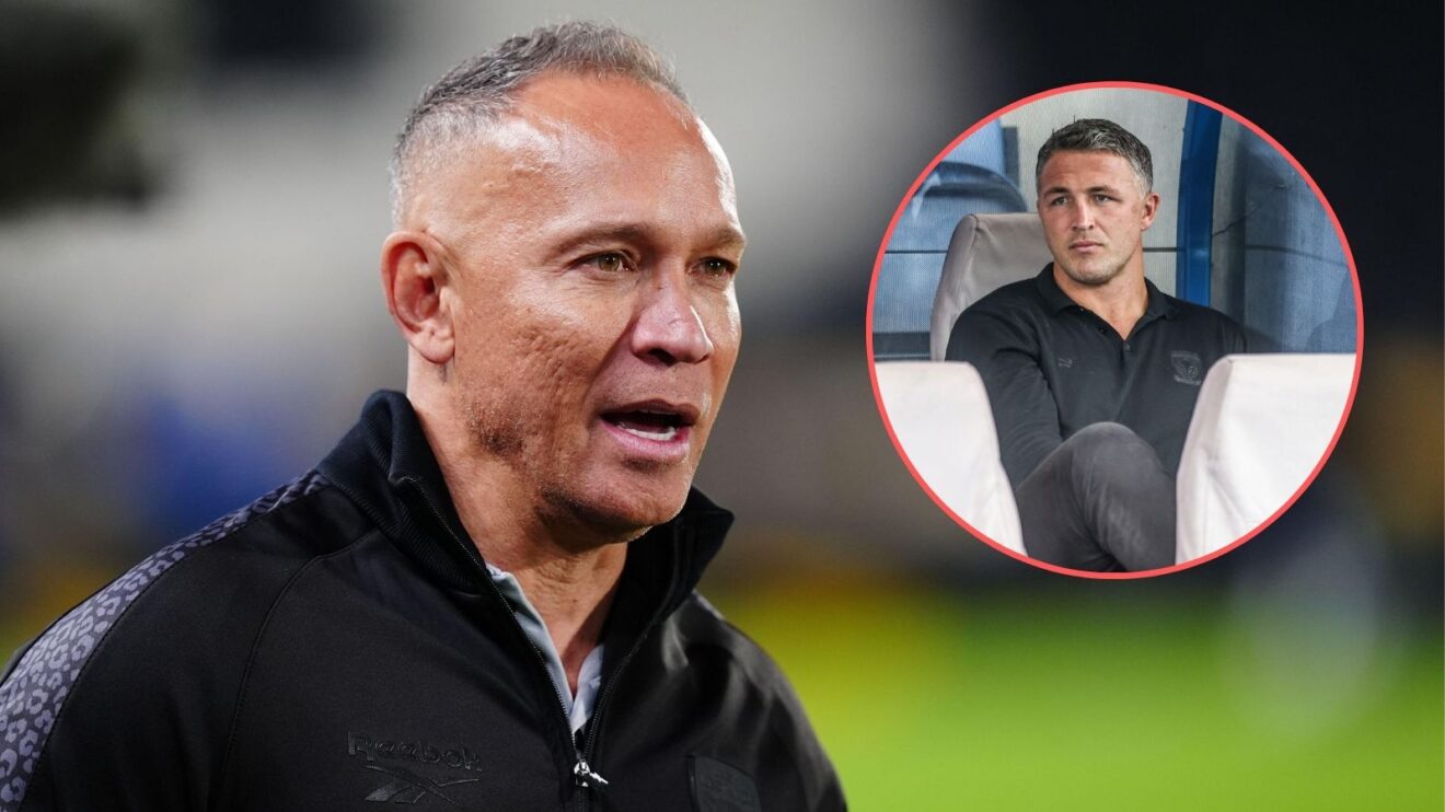Leigh Leopards head coach Adrian Lam and Warrington Wolves boss Sam Burgess (in a circle)