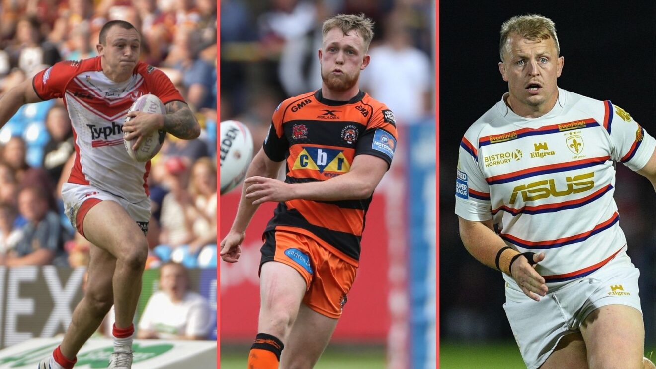 A three-way panel graphic of Matty Dawson-Jones, Cory Aston and Eddie Battye during their time in Super League