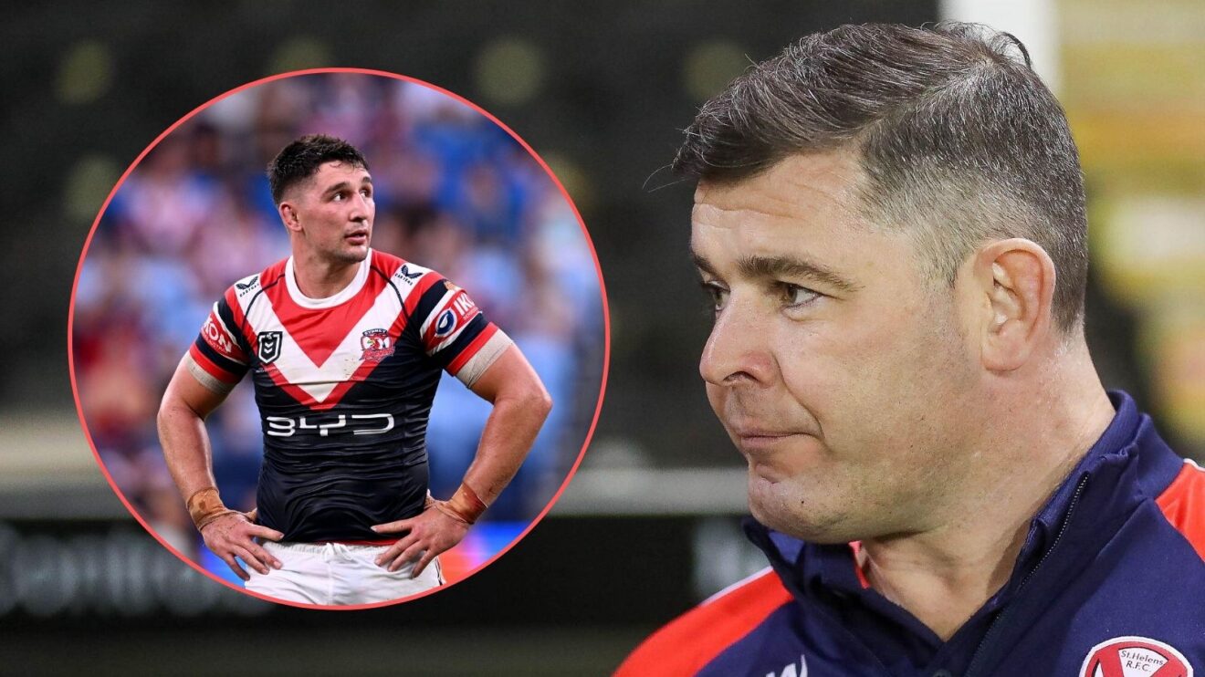 St Helens head coach Paul Wellens looks left in the direction of a circle which contains Victor Radley