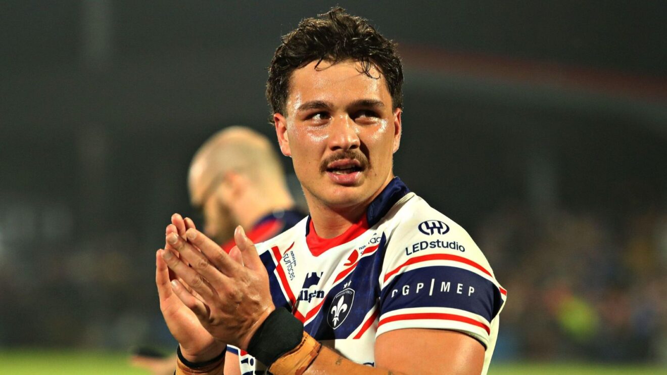 Seth Nikotemo applauds the Wakefield Trinity supporters following a game in 2025