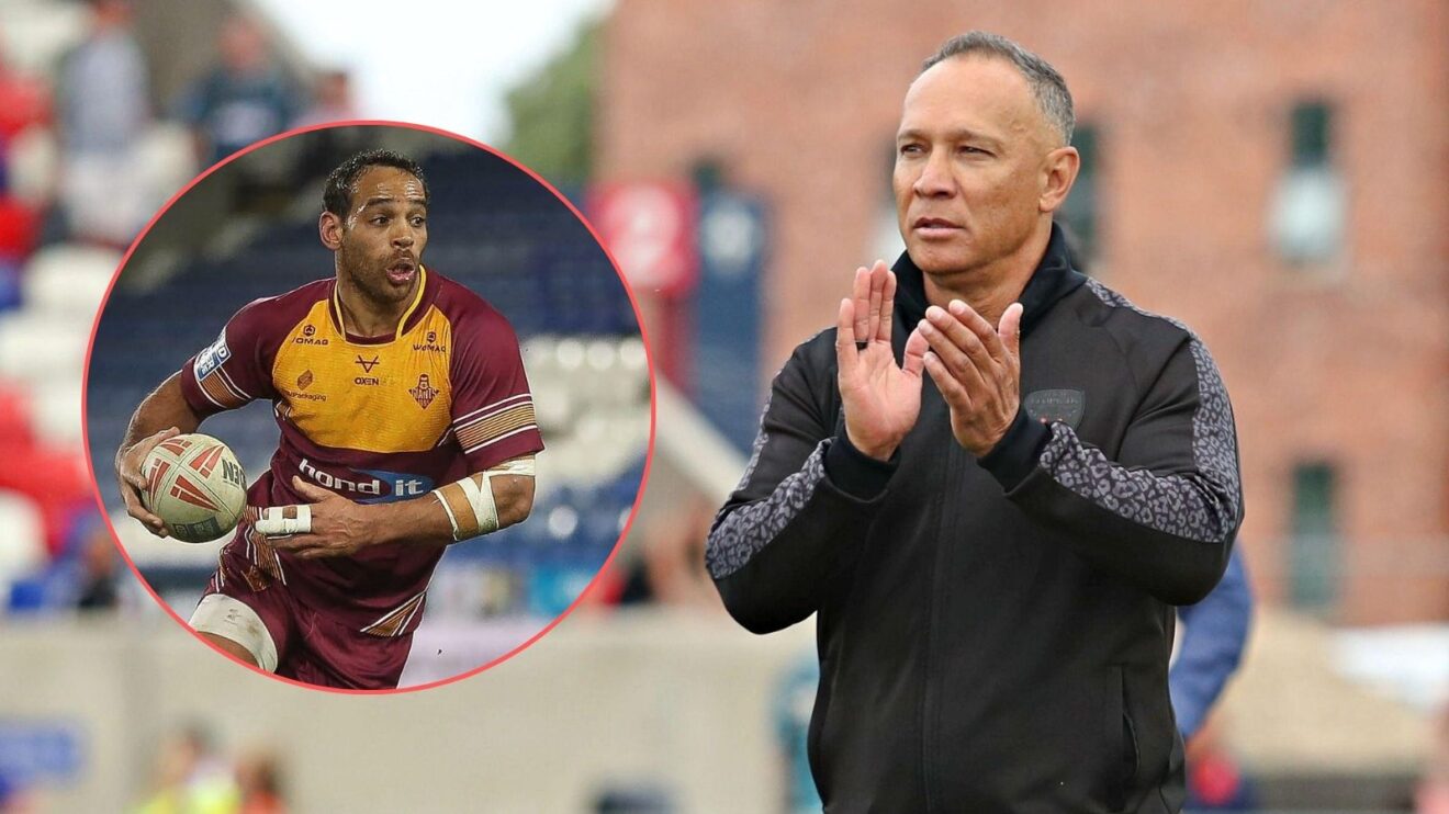 Leigh Leopards head coach Adrian Lam looks left towards a circle containing a picture of Leroy Cudjoe in action for Huddersfield Giants in 2025