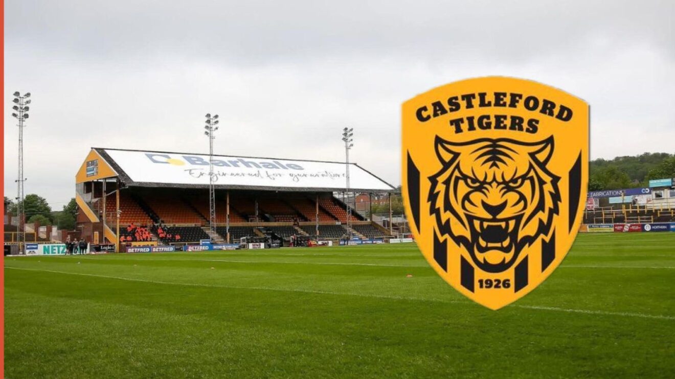 The new Castleford Tigers badge over the top of the club's stadium