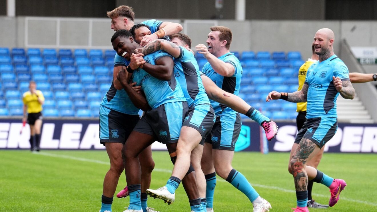 Hull FC celebrate a try away from home in 2025