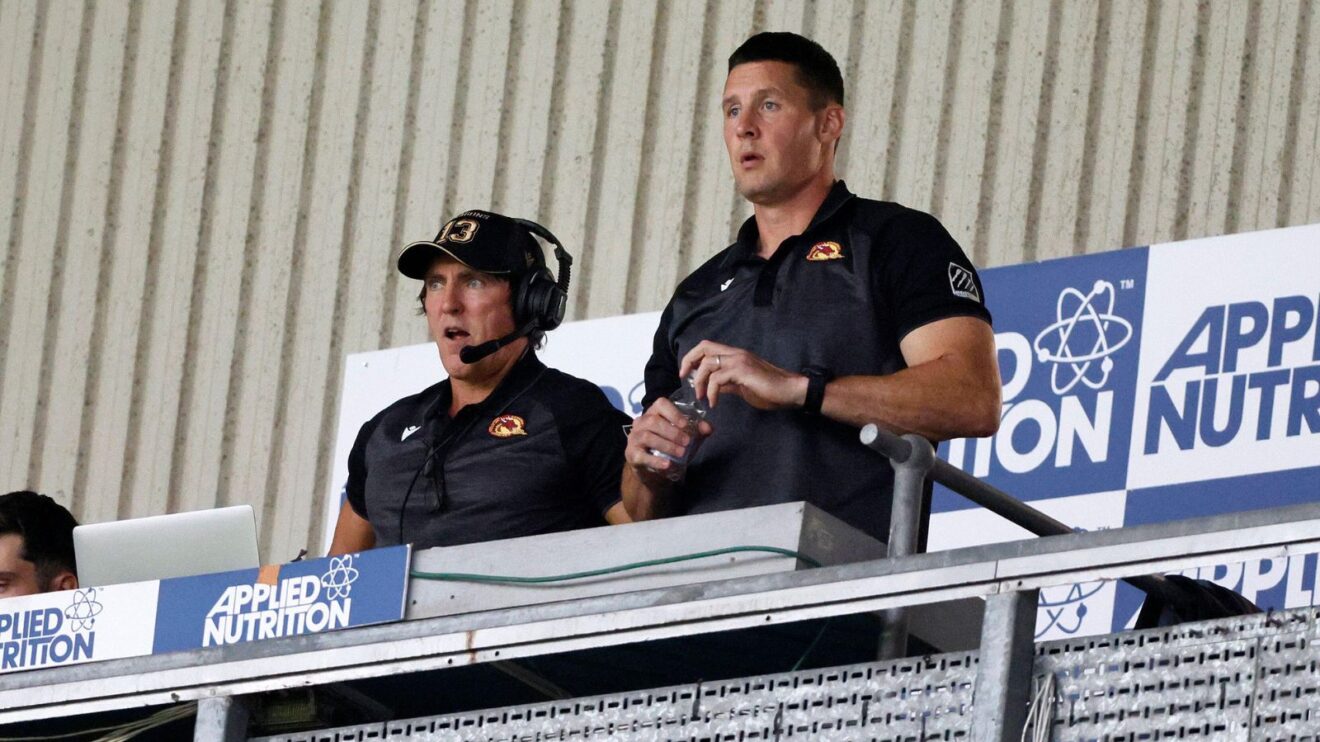 Catalans Dragons assistant Ryan Sheridan and then-head coach Joel Tomkins pictured during a game in 2025