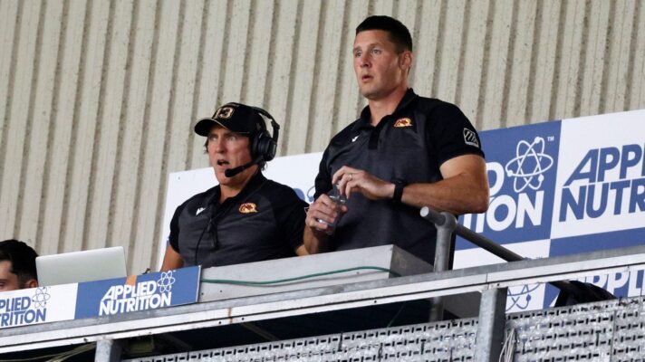 Catalans Dragons assistant Ryan Sheridan and then-head coach Joel Tomkins pictured during a game in 2025