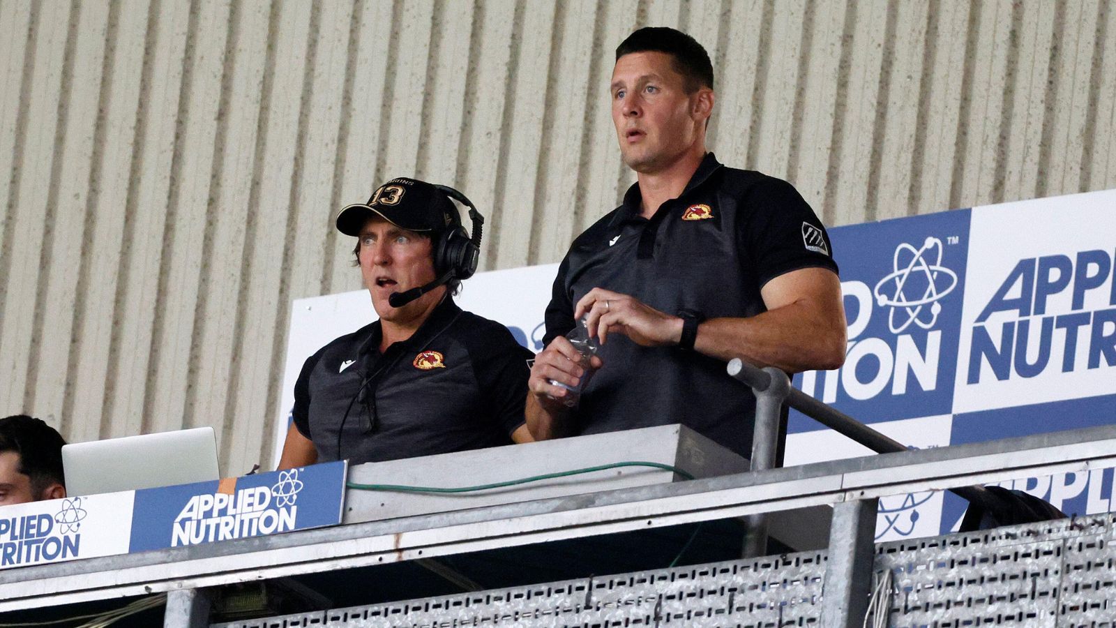Catalans Dragons assistant Ryan Sheridan and head coach Joel Tomkins pictured during a game in 2025