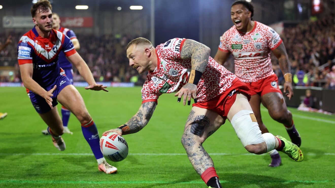 Josh Charnley scores a try for Leigh Leopards in their play-off eliminator win over Wakefield Trinity in September 2025