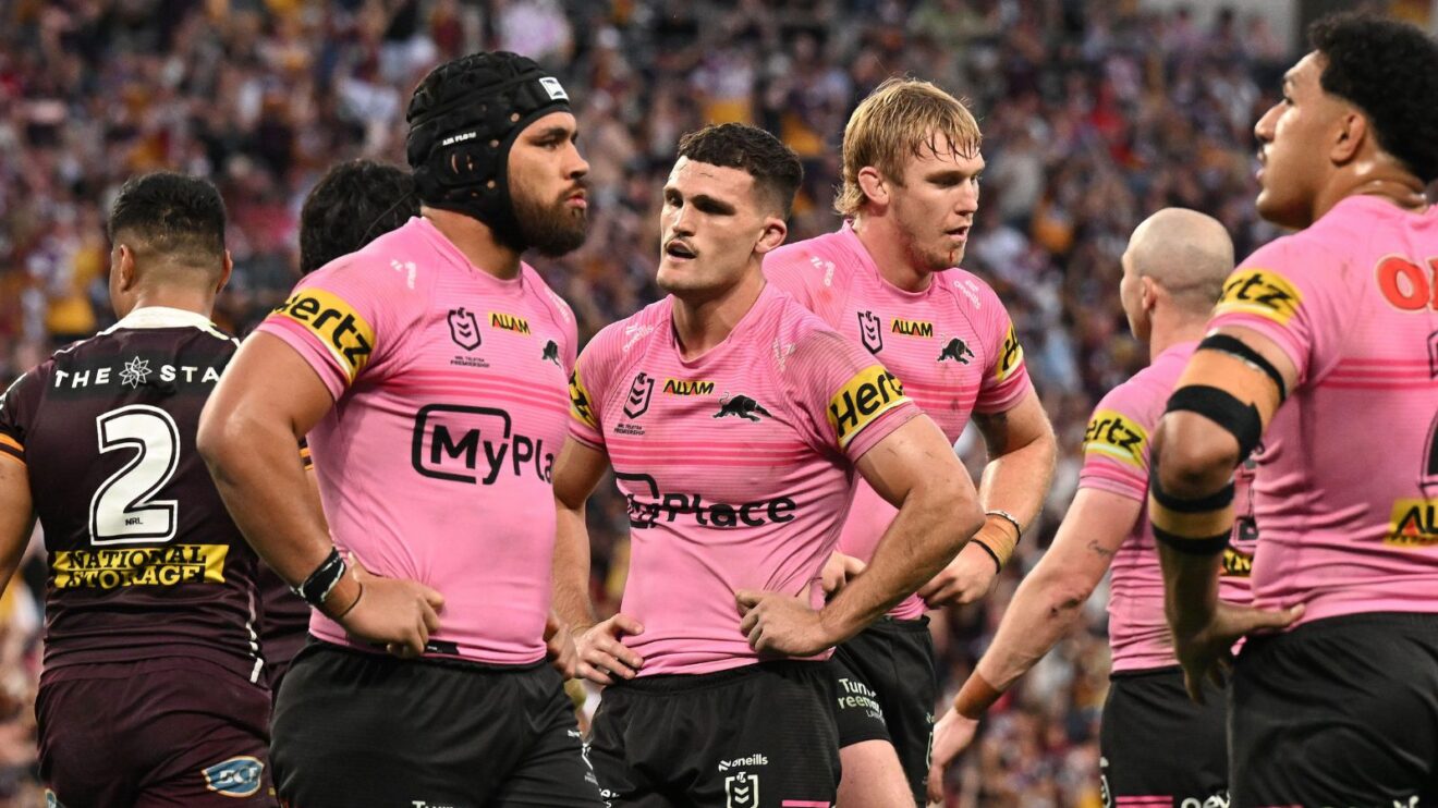 Nathan Cleary and his Penrith Panthers team-mates appear dejected during their semi-final defeat to Brisbane Broncos in September 2025