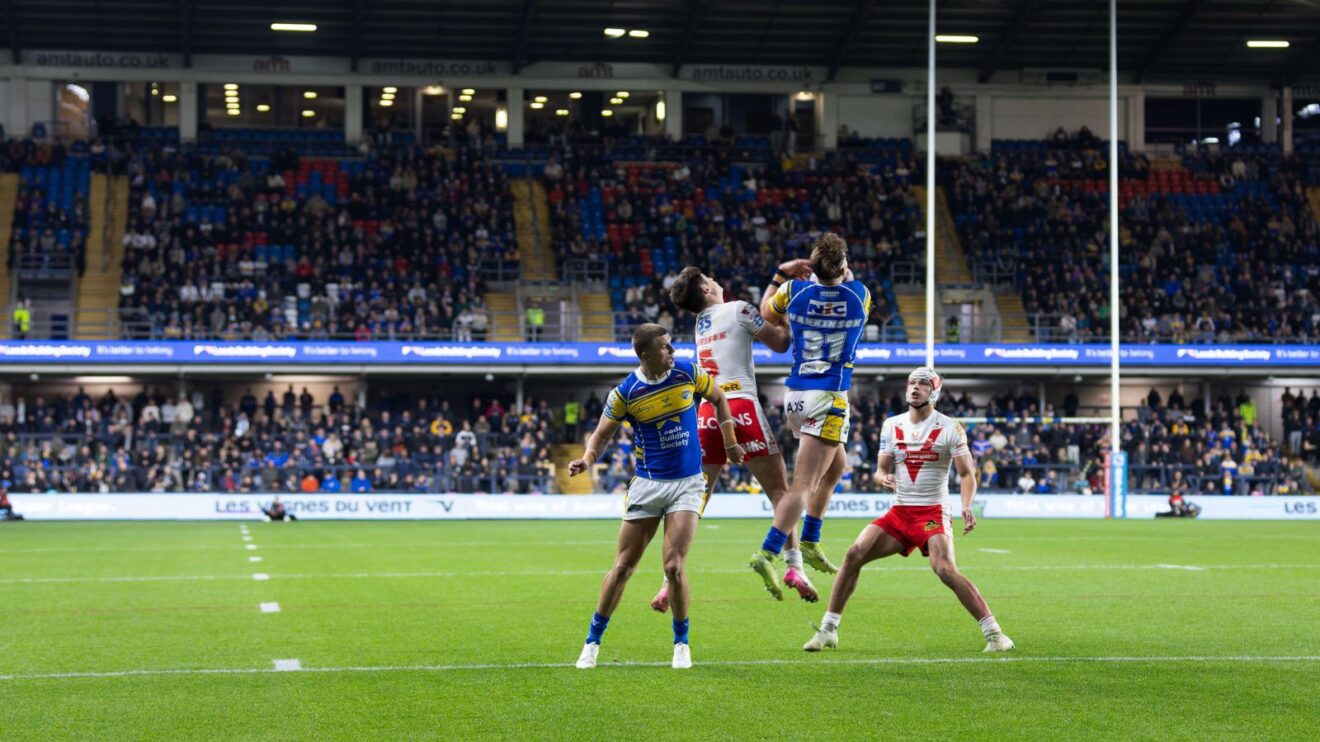 An action shot from the play-off eliminator tie between Leeds Rhinos and St Helens at Headingley in September 2025