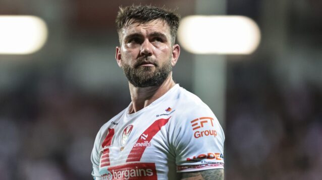 Kyle Feldt looks up towards the crowd during a St Helens game in 2025