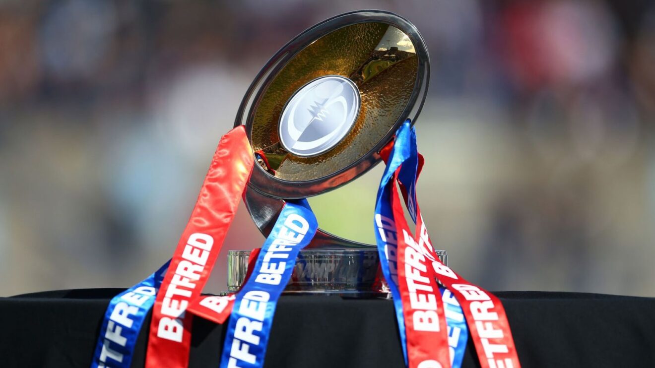 The RFL Championship trophy on a plinth ahead of a game