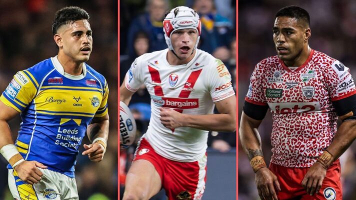 A three-panel image of Keenan Palasia, Harry Robertson and Joe Ofahengaue in action in 2025