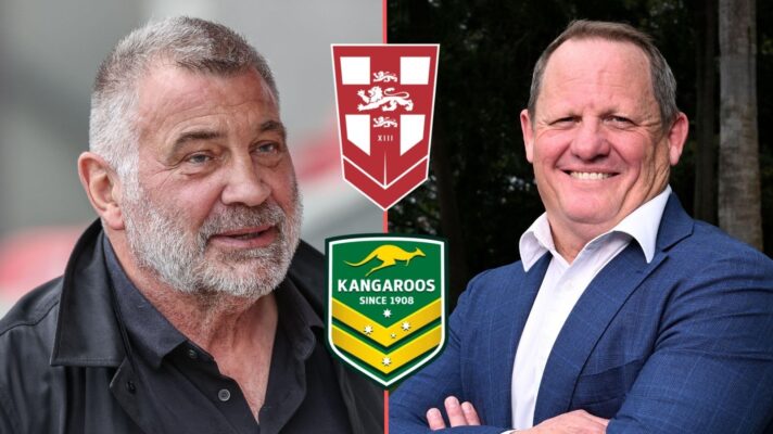 A split image of Shaun Wane and Kevin Walters with the badges of England and the Kangaroos aligned vertically down the middle