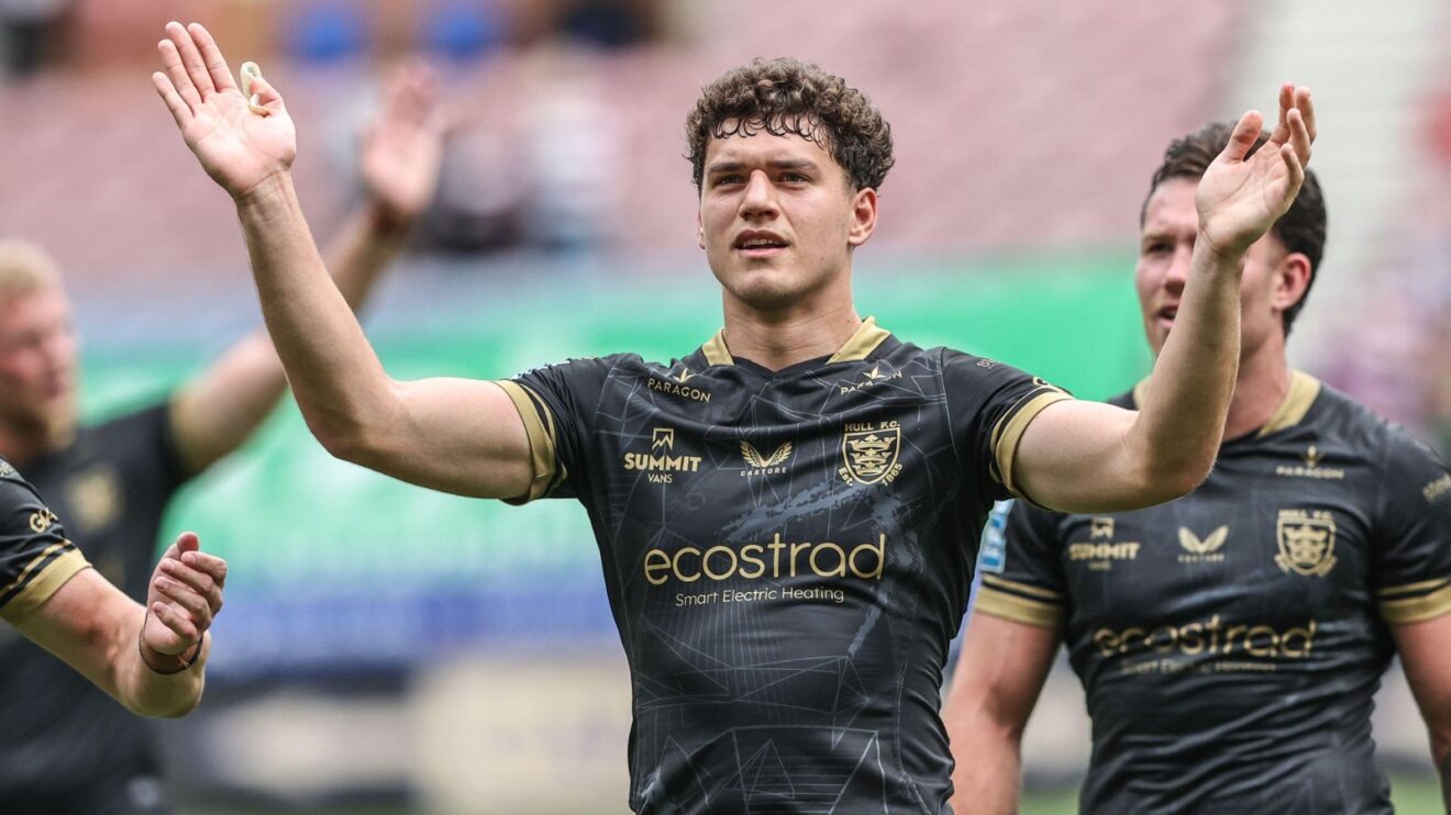 Lewis Martin celebrates a Hull FC win in 2025 as he sings along with the supporters
