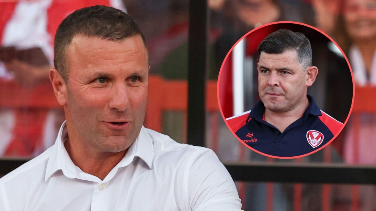 Hull KR head coach Willie Peters sat in the dugout ahead of a game looking right towards an image of St Helens counterpart Paul Wellens in a circle