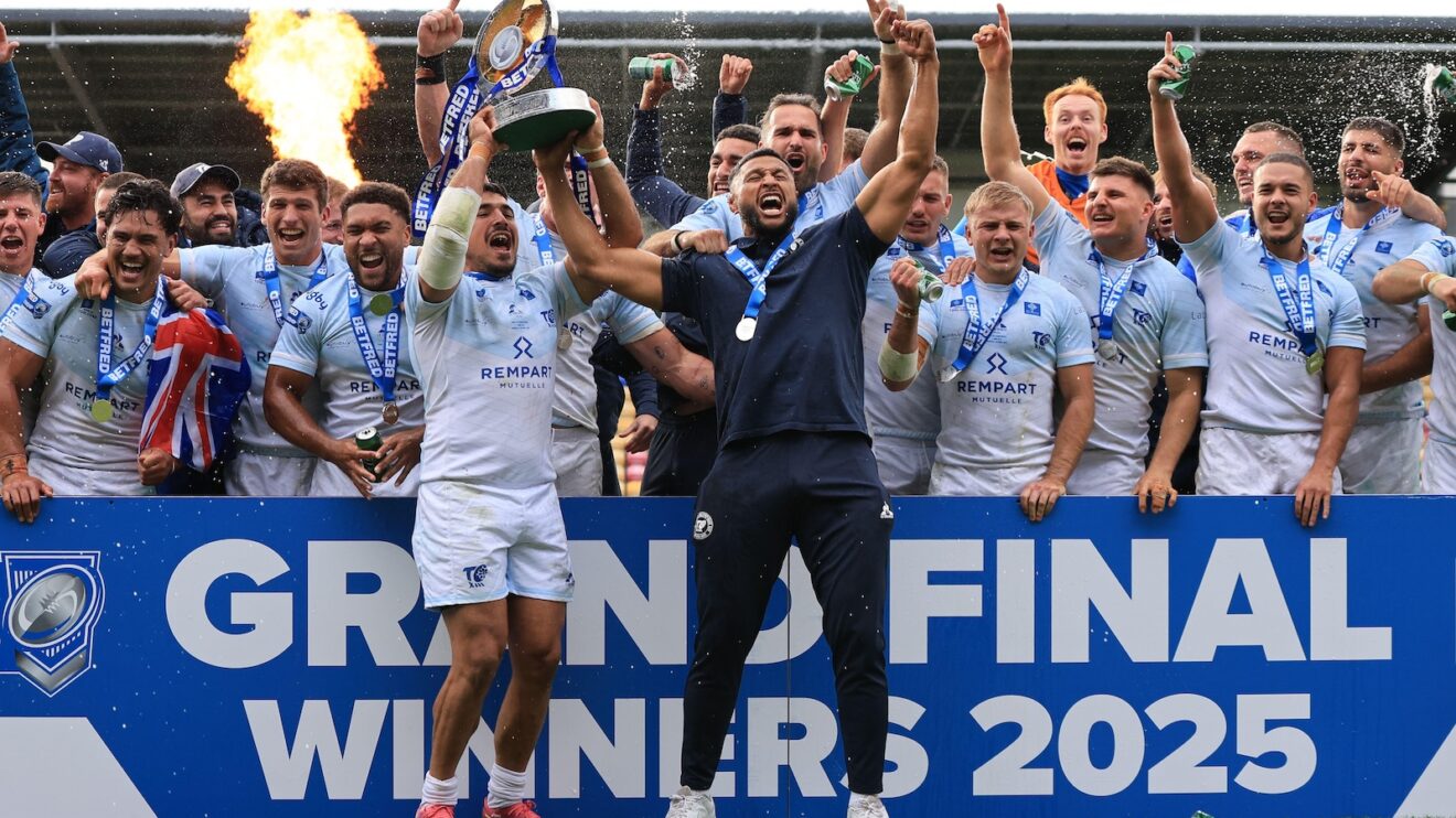 Toulouse Olympique lift the Championship trophy in 2025 following their Grand Final triumph over York