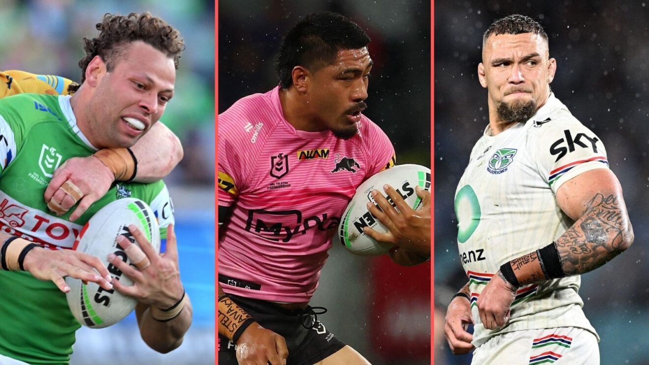 A three-panel image of Sebastian Kris, Moses Leota and James Fisher-Harris in action for their NRL clubs in 2025