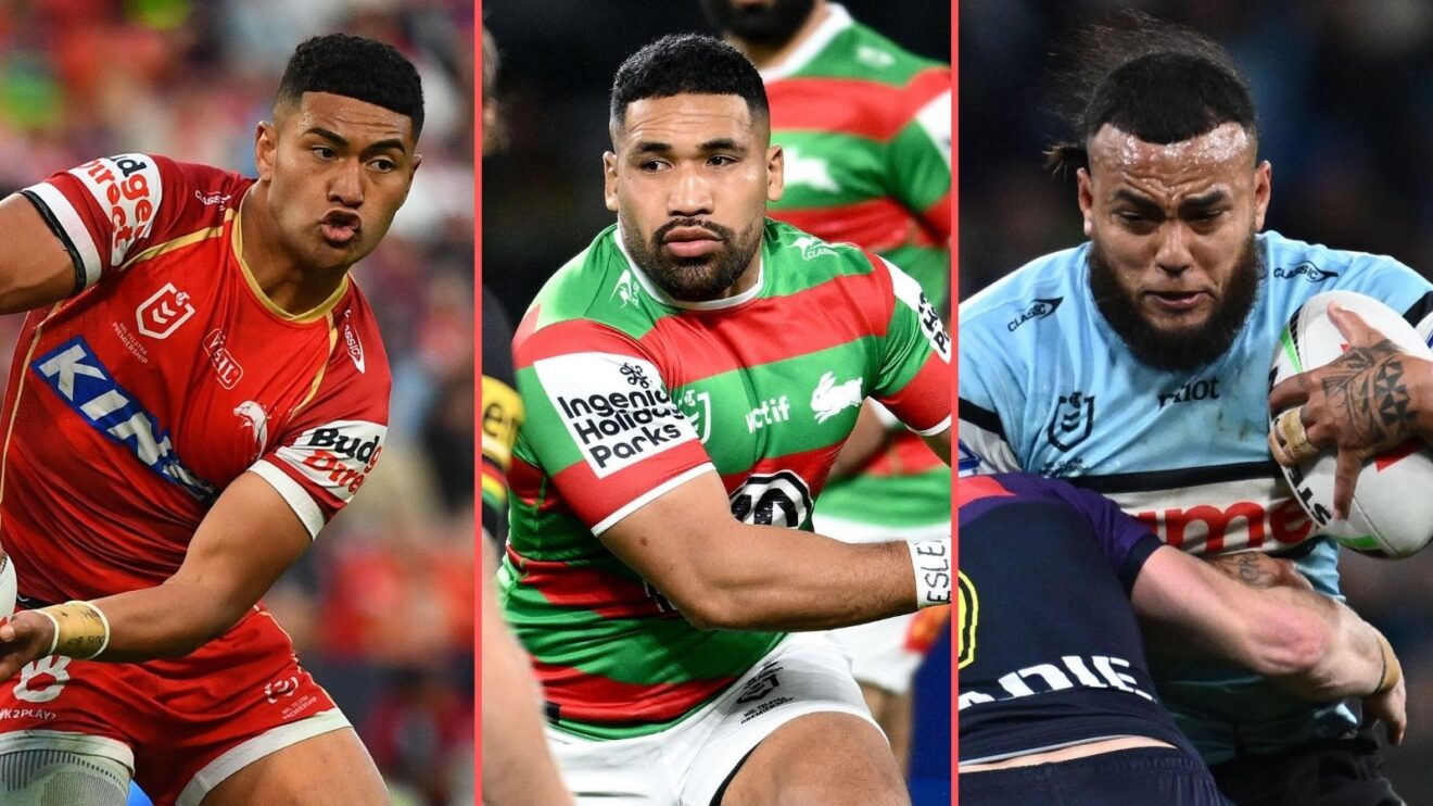 A three-panel image of Isaiya Katoa, Siliva Havili and Addin Fonua-Blake in action for their NRL clubs in 2025
