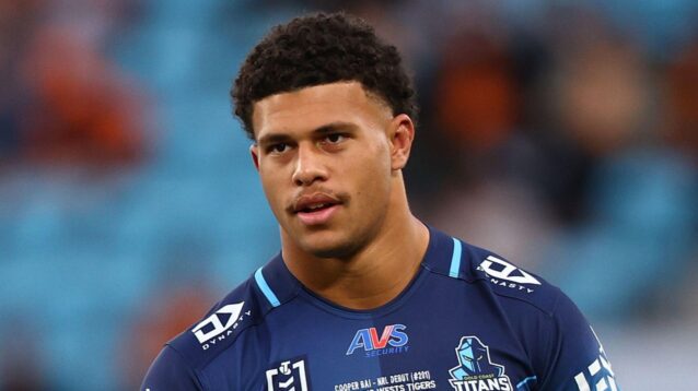 Cooper Bai warms up ahead of his NRL debut for Gold Coast Titans in 2025