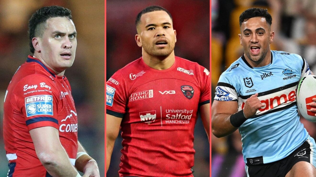 A three-panel image of Brad Takairangi, Esan Marsters and KL Iro in action for Hull KR, Salford Red Devils and Cronulla Sharks respectively