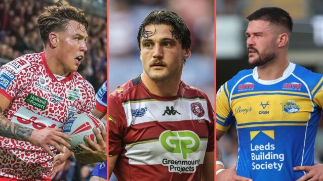A three-panel image of Keanan Brand, Liam Byrne, James Bentley in action for their Super League clubs in 2025