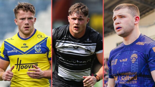 A three-panel image of Luke Thomas, Denive Balmforth and Finley Yates in action for their Super League clubs