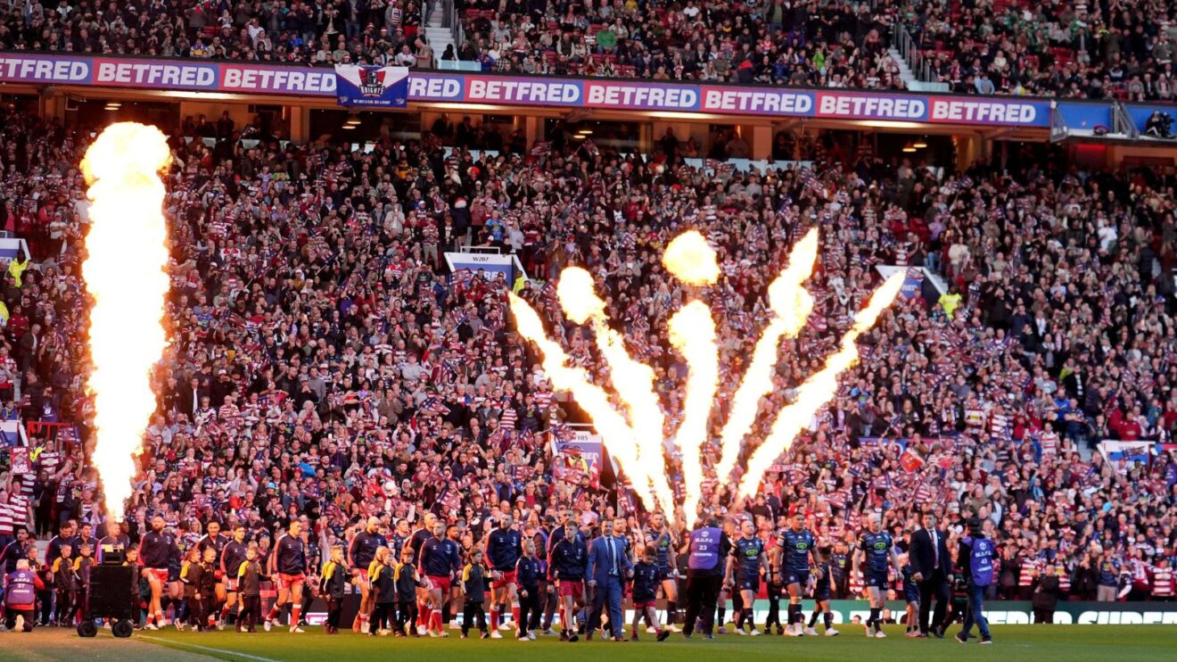 Hull KR and Wigan Warriors walk out at Old Trafford ahead of the 2025 Super League Grand Final