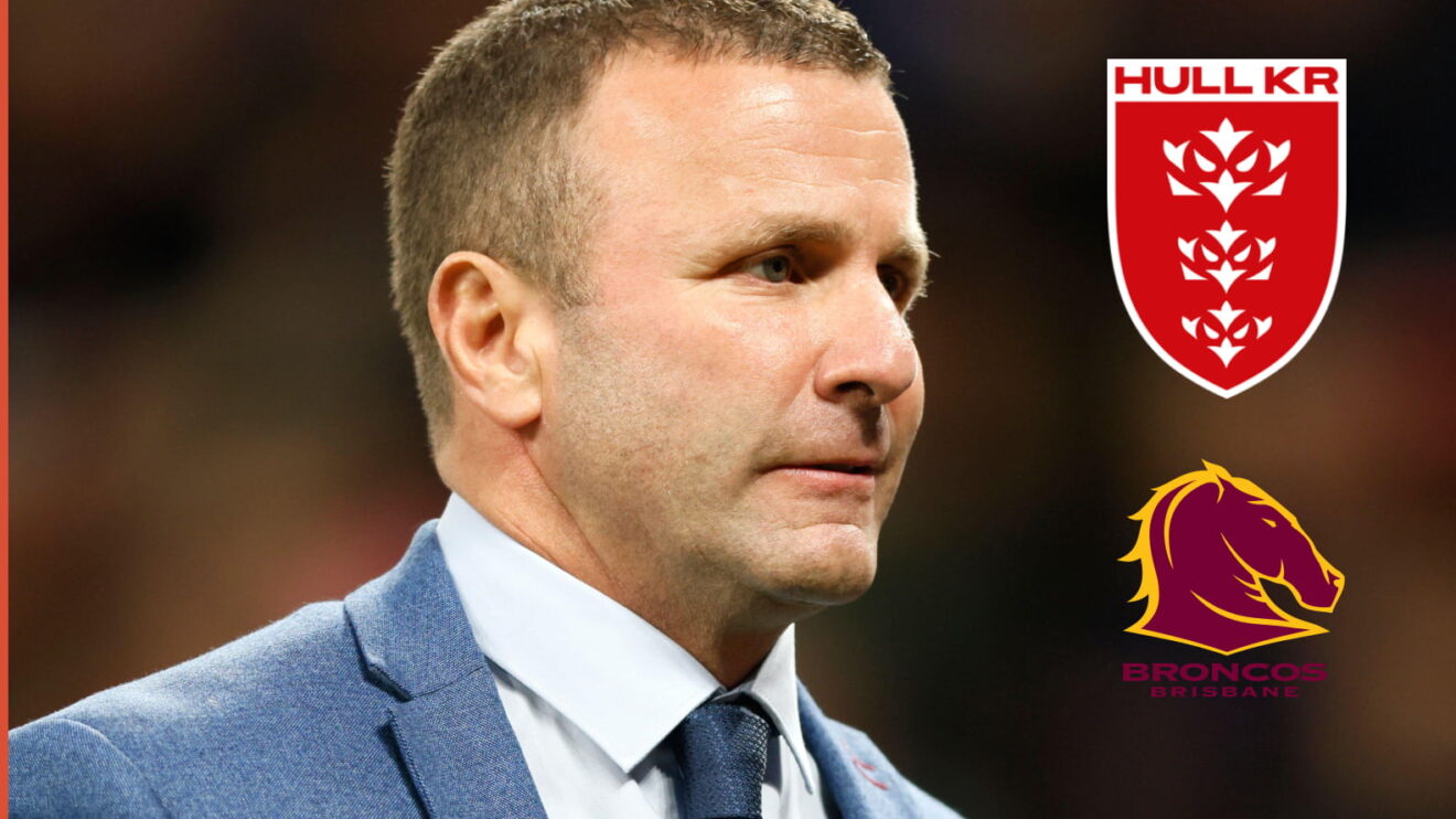 Willie Peters looks right towards the badges of Hull KR and Brisbane Broncos, aligned vertically