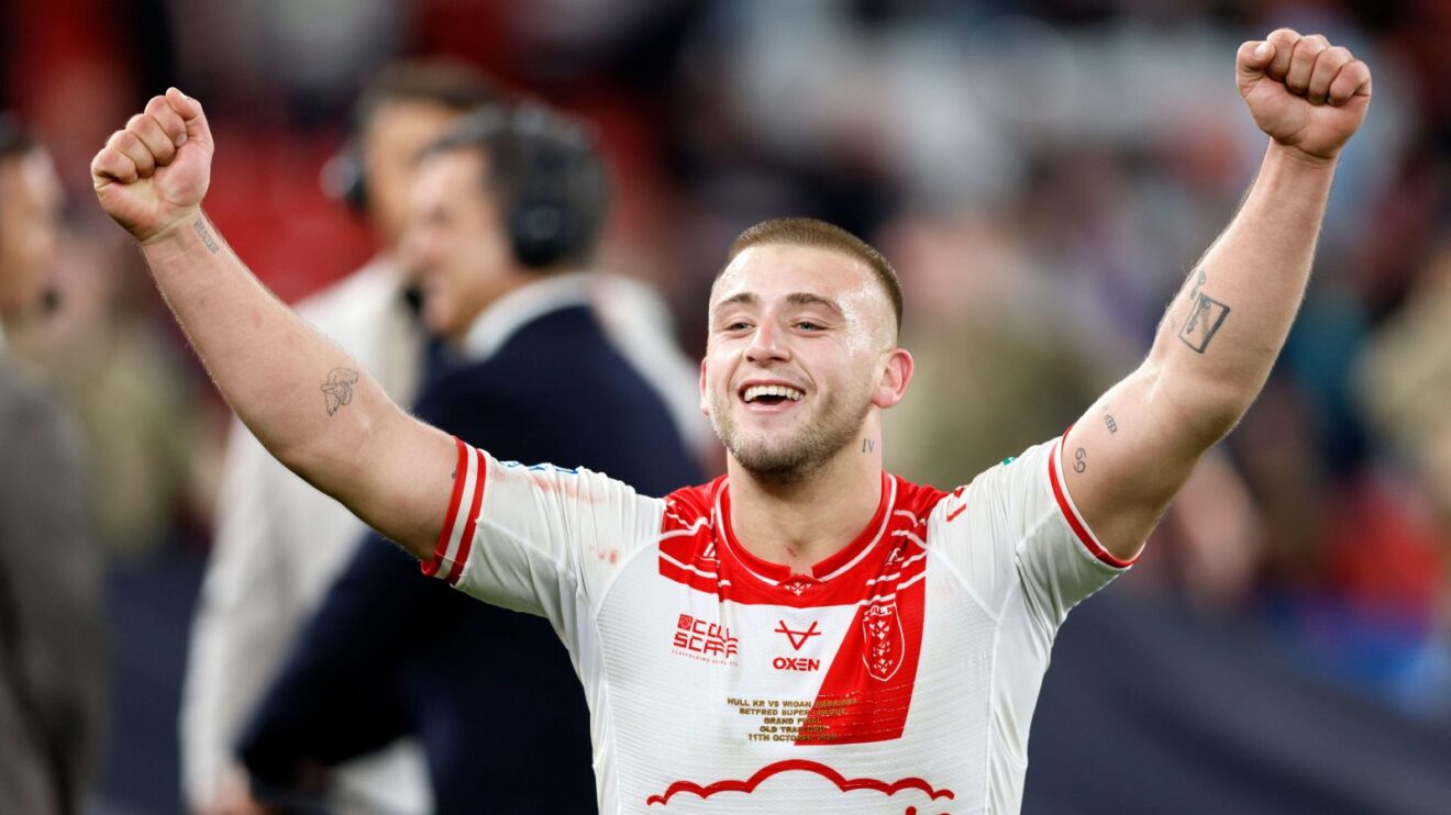 Mikey Lewis holds his arms aloft as he celebrates Hull KR's 2025 Super League Grand Final triumph