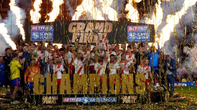 Hull KR lift the Super League trophy following their Grand Final triumph in 2025