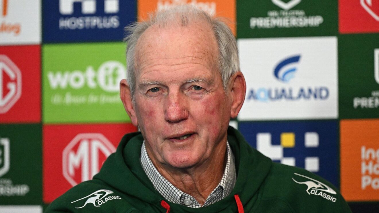 Wayne Bennett speaks to the Australian press during a press conference in 2025