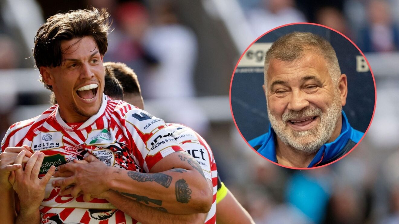 Owen Trout celebrates a try for Leigh Leopards in 2025 with a picture of Shaun Wane looking in his direction in a circle on the right-hand side of the image
