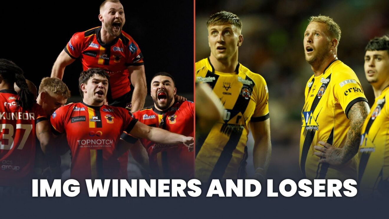 A two panel image of Bradford Bulls and Castleford Tigers players in 2025