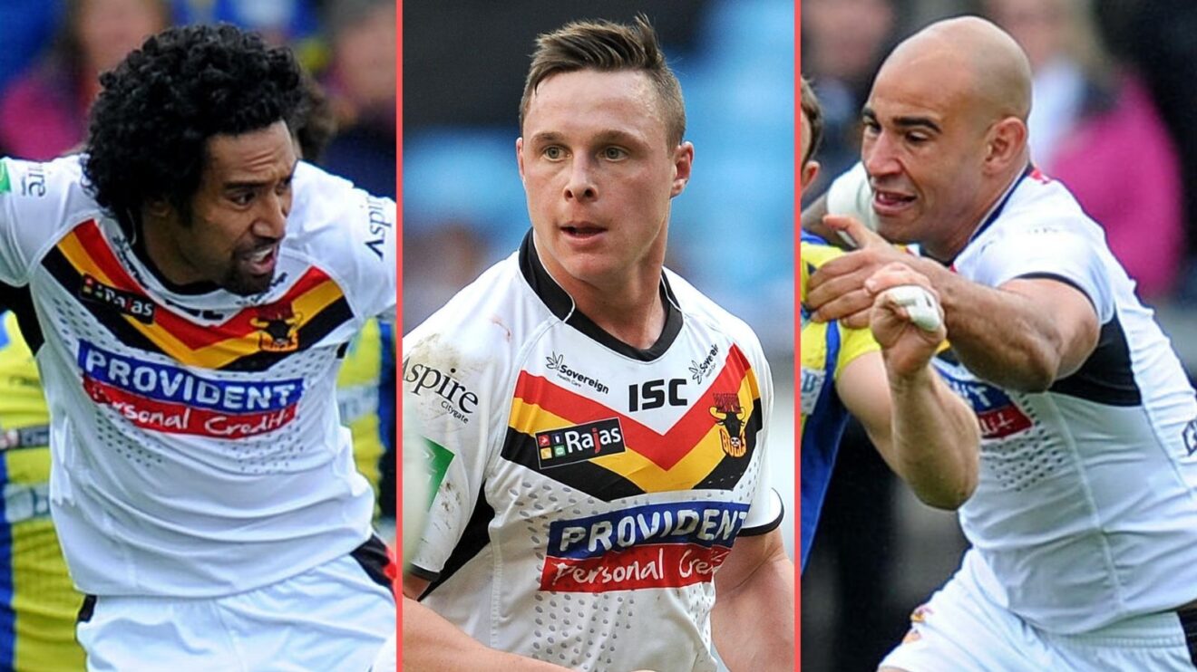 A three-panel image of Manase Manuokafoa, James Donaldson and Chev Walker in action for Bradford Bulls in 2014