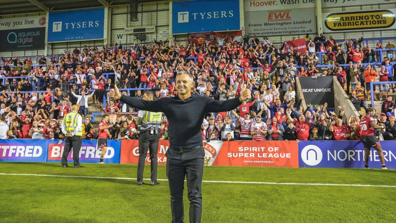 Paul Rowley with Salford Red Devils fans in 2025