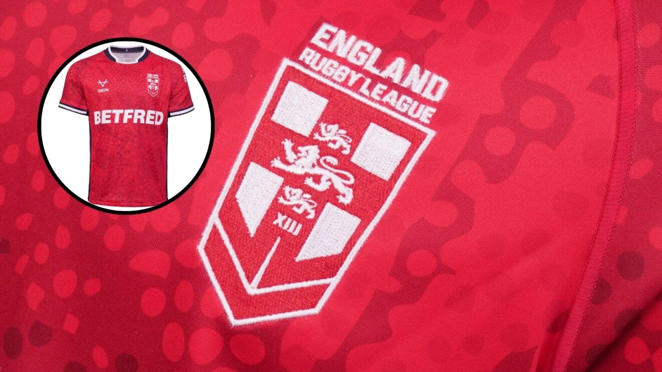 A close-up image of the badge on England's new 'poppy' shirt with the shirt shown in full in a circle to the left of it