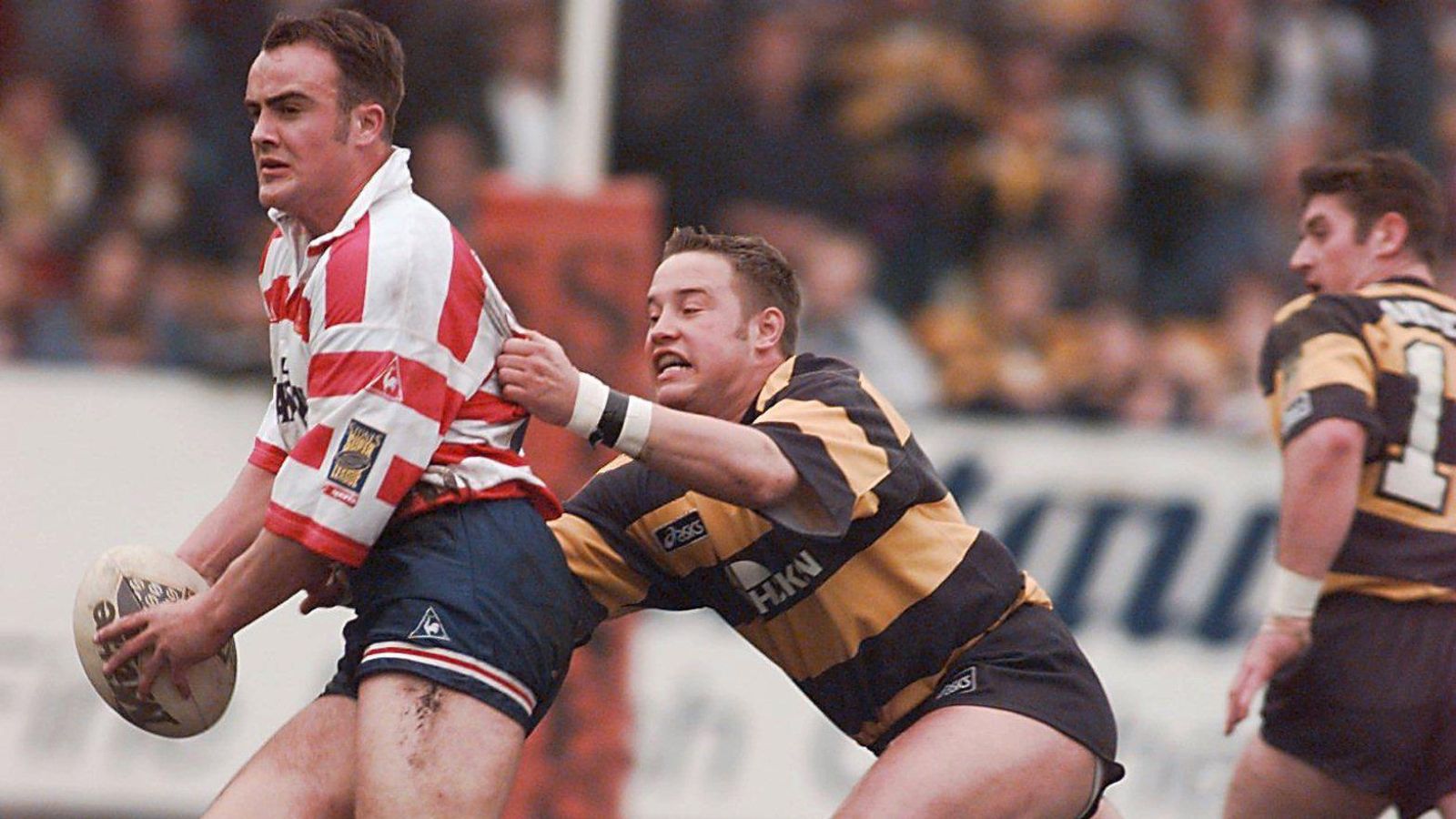 An action shot from a Super League clash between Oldham and Castleford in 1996